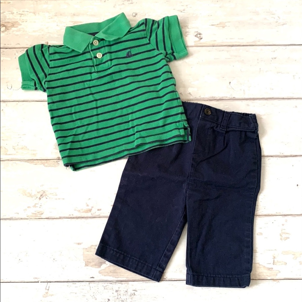 Baby Boy 6m Chaps Brand Slacks Navy Blue Pants OshKosh Green Stripes Polo Outfit